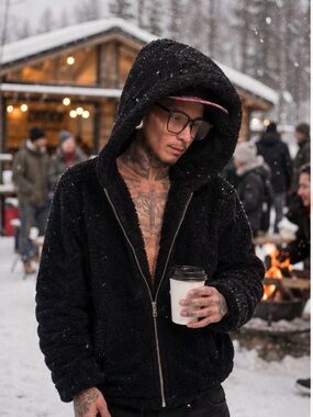 Guess Black Sherpa Zip-Up Hoodie Jacket